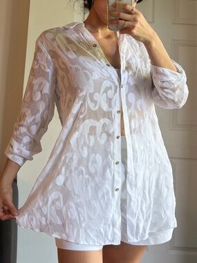 Lilly Pulitzer Preppy White Sheer Swirl Button-Up Resortwear Tunic Women XS